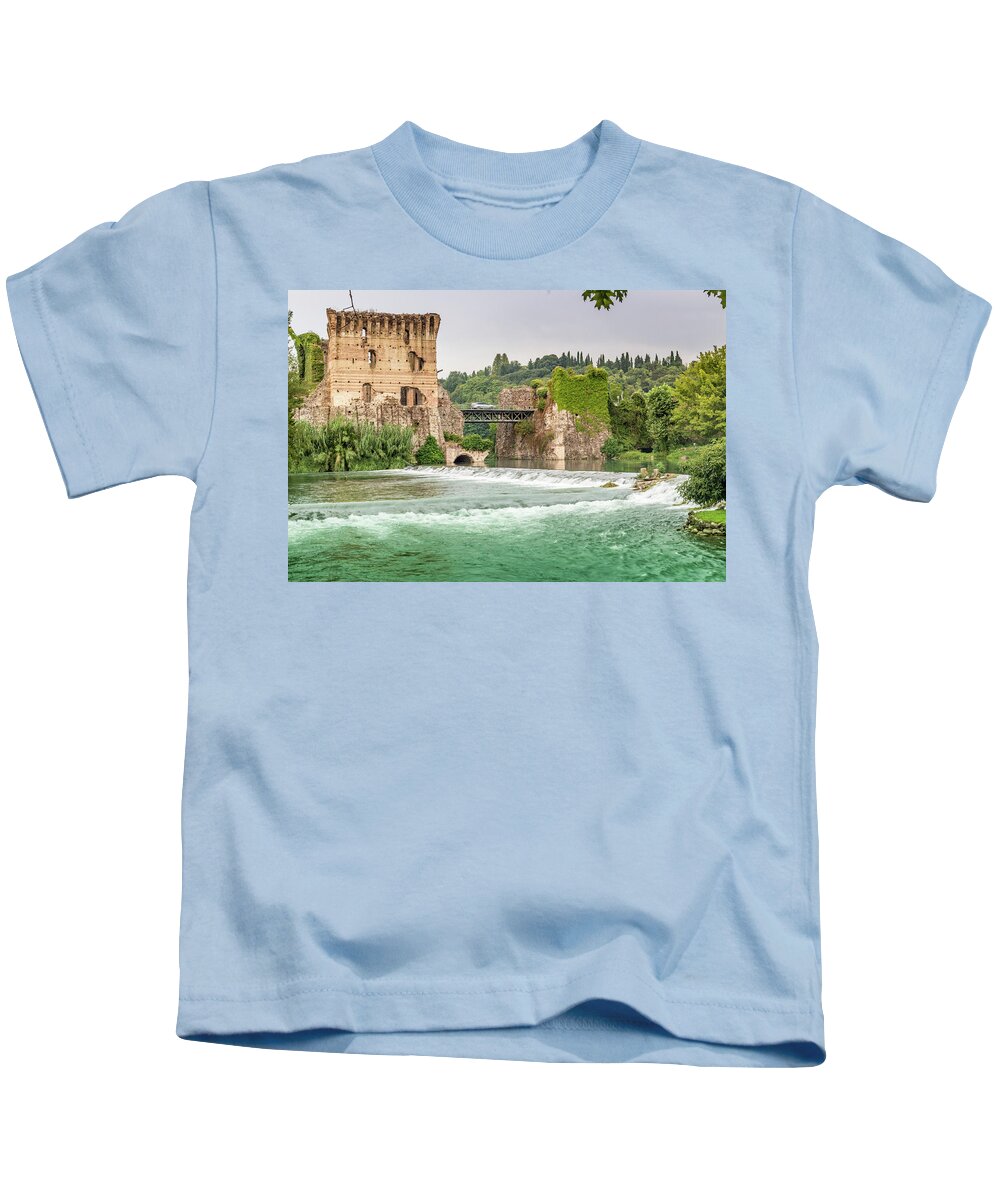 Borghetto Kids T-Shirt featuring the photograph Waters and ancient buildings of Italian medieval village #1 by Vivida Photo PC
