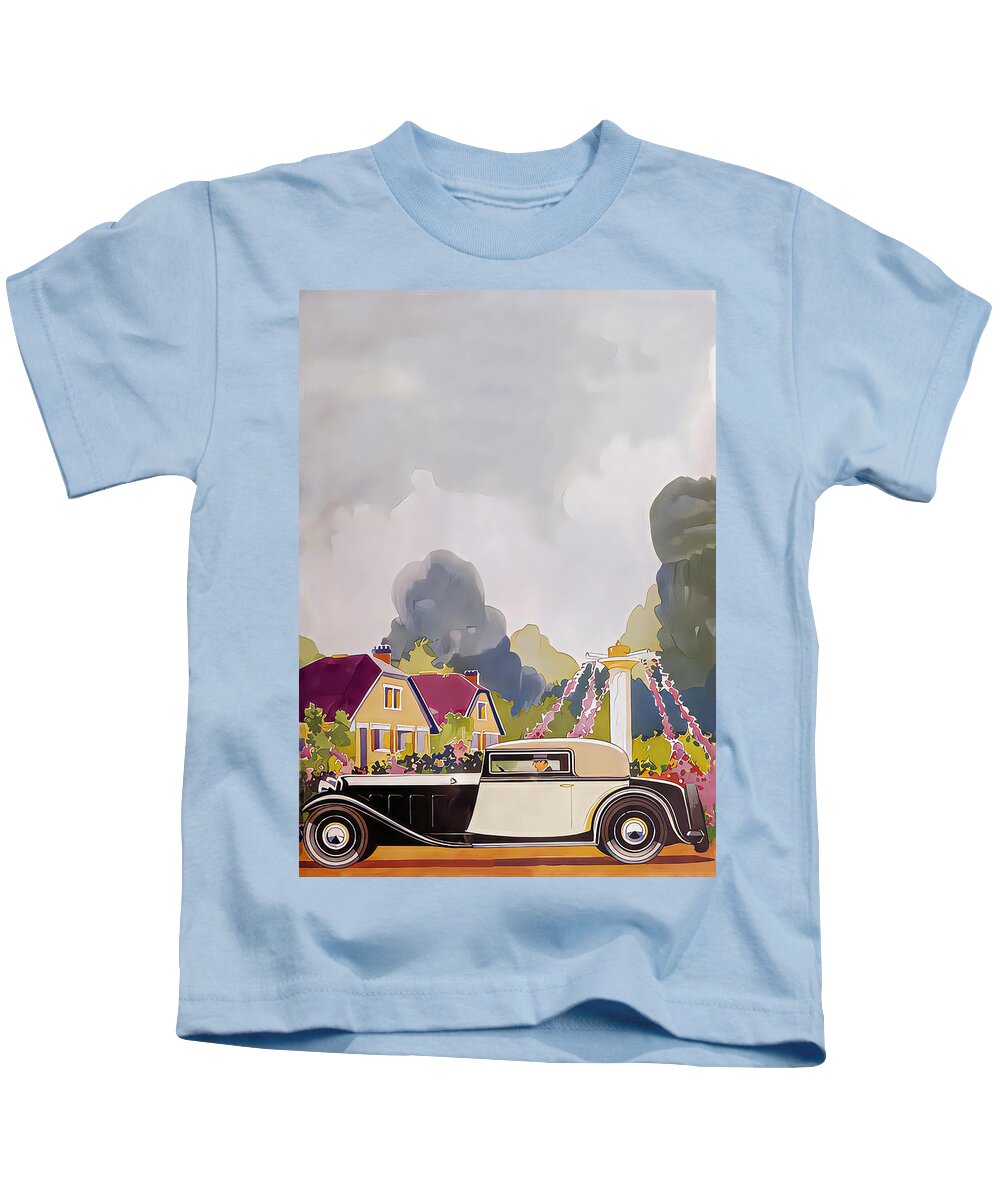 Vintage Kids T-Shirt featuring the mixed media 1932 Coupe With Driver In Rural Country Setting Original French Art Deco Illustration by Retrographs
