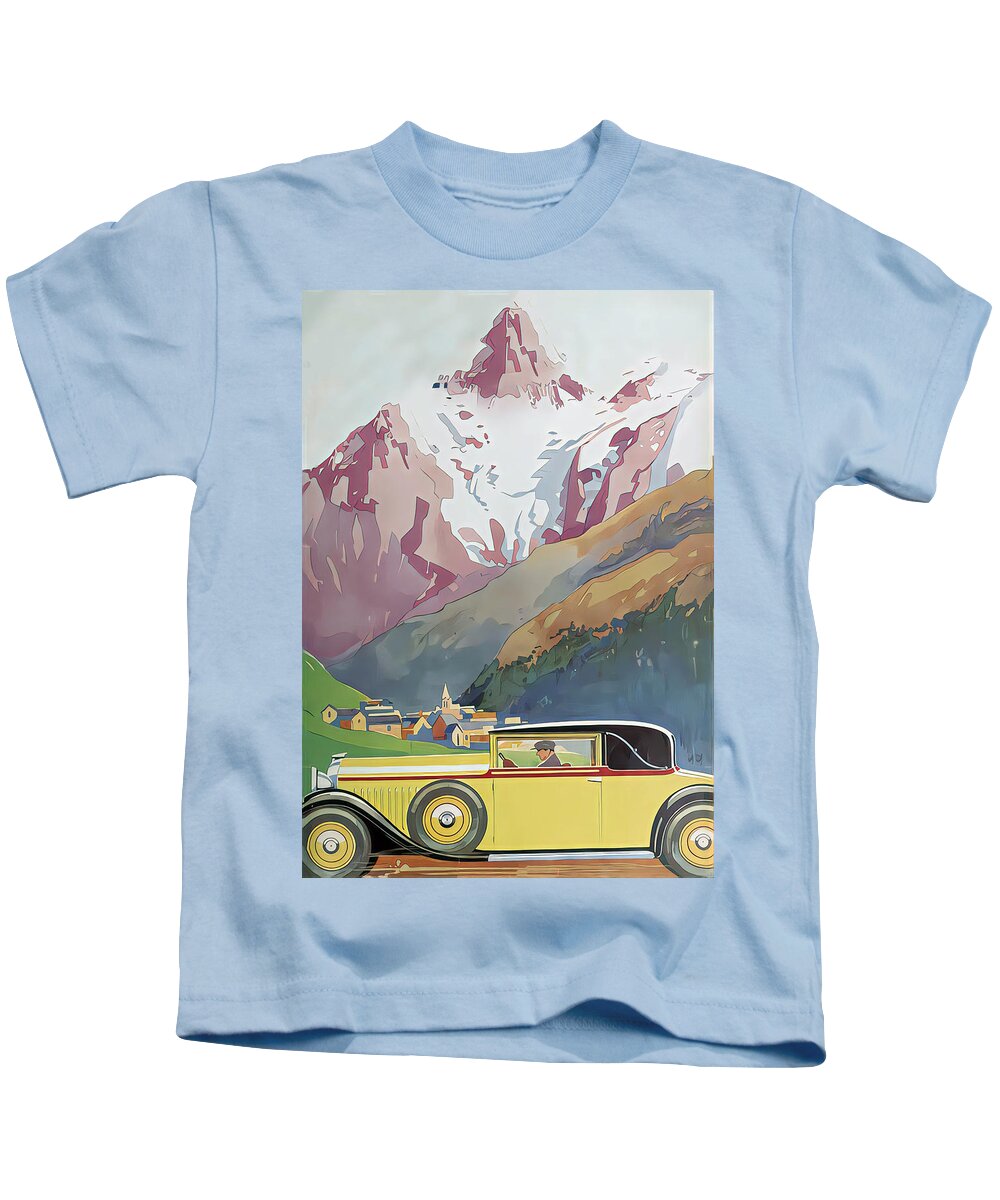 Vintage Kids T-Shirt featuring the mixed media 1932 Lorraine Coupe With Driver In Alpine Setting Original French Art Deco Illustration by Retrographs