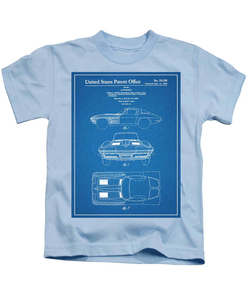1963 Corvette Kids T-Shirt featuring the drawing 1963 Corvette Stingray Car Poster, Corvette Stingray Patent, Corvette Stingray Blueprint, Corvette S by Greg Edwards