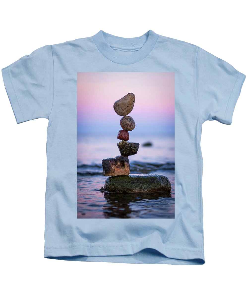 Meditation Zen Yoga Mindfulness Stones Nature Land Art Balancing Sweden Kids T-Shirt featuring the sculpture Balancing art #51 by Pontus Jansson