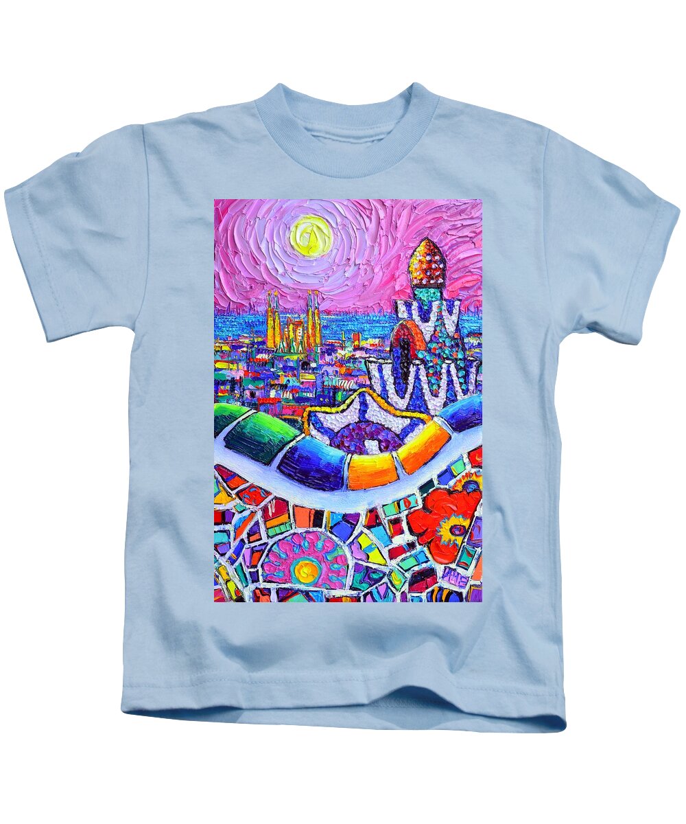 Barcelona Kids T-Shirt featuring the painting BARCELONA PARK GUELL COLORFUL NIGHT textural impasto knife oil painting abstract Ana Maria Edulescu by Ana Maria Edulescu