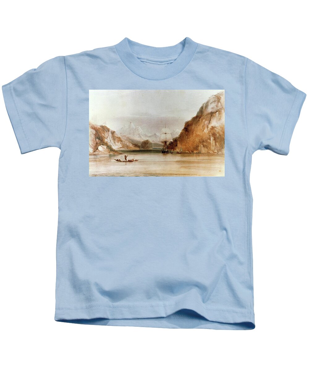 Charles Darwin Kids T-Shirt featuring the painting 'Beagle' in Ponsonby Sound. CONRAD MARTENS . CHARLES DARWIN . by Conrad Martens -1801-1878-