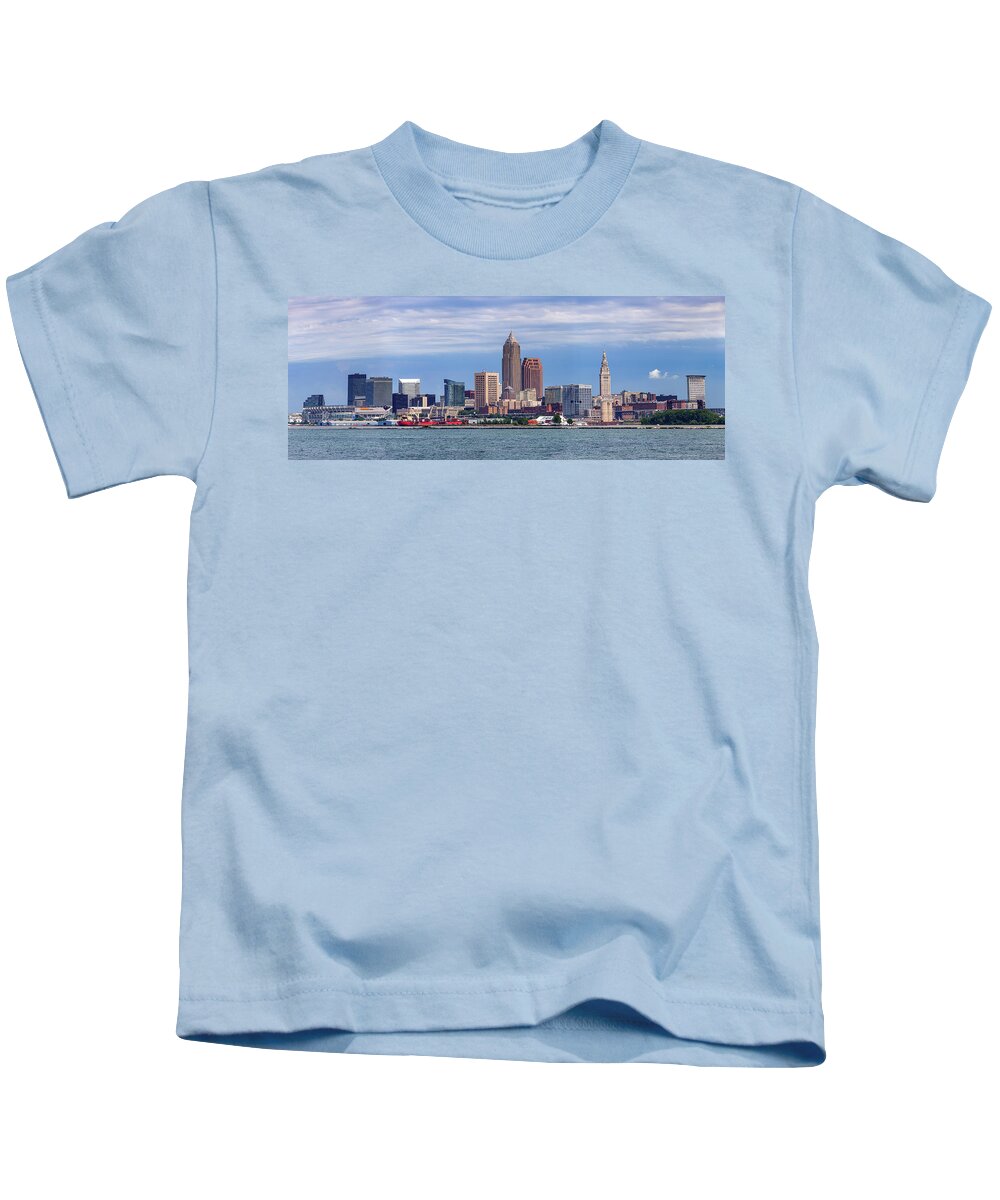 Cleveland Skyline Kids T-Shirt featuring the photograph Cleveland Skyline Panorama by Dale Kincaid