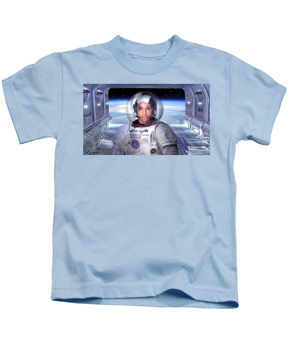 Aerospace Kids T-Shirt featuring the digital art Space Suit - Space Dock- Asgardia by James Vaughan