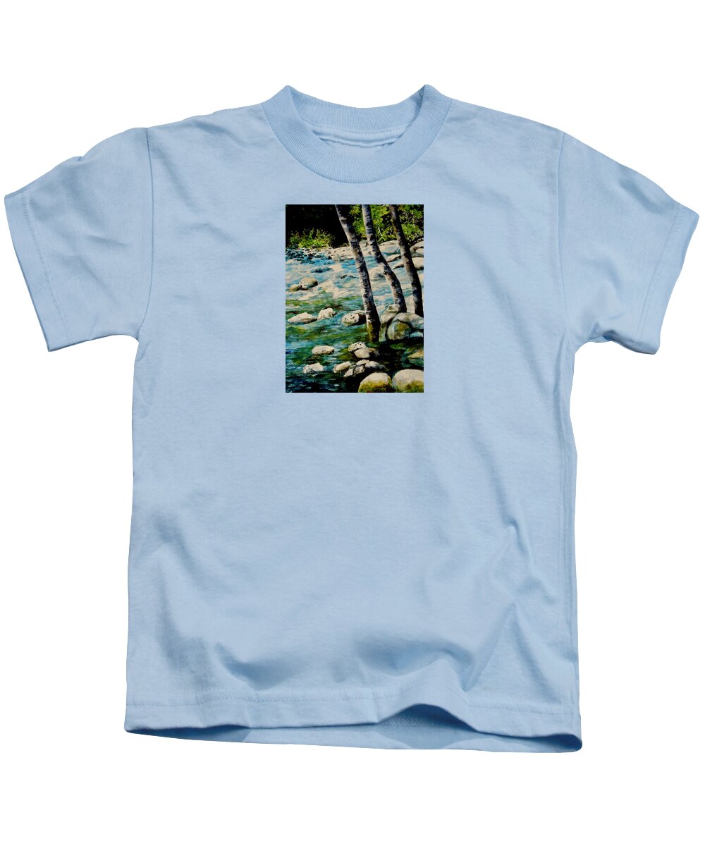 Rocky Waterfall Kids T-Shirt featuring the painting Gushing Waters by Sher Nasser