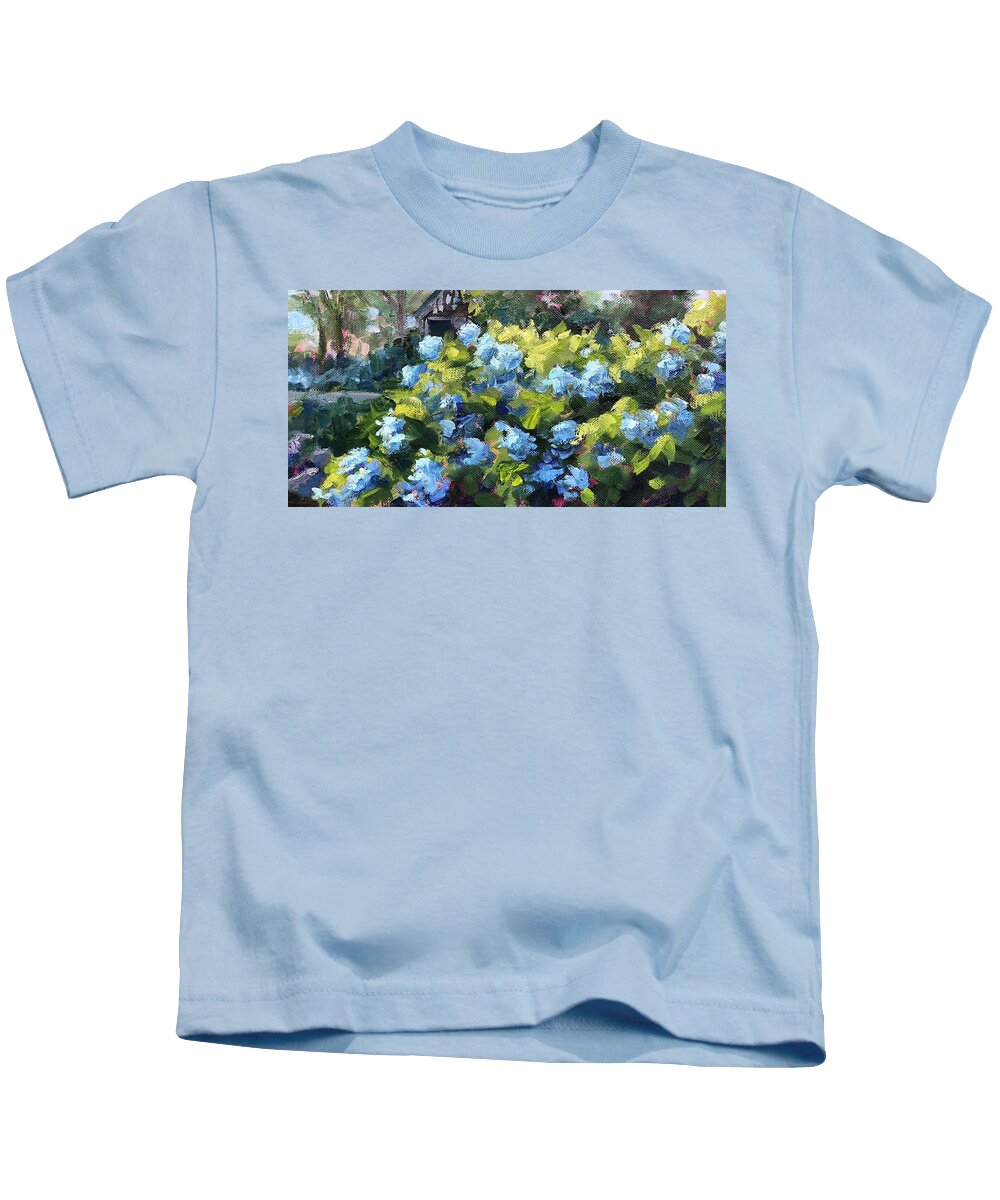 Cape Cod Garden Kids T-Shirt featuring the painting Hydrangea Bonanza by Barbara Hageman