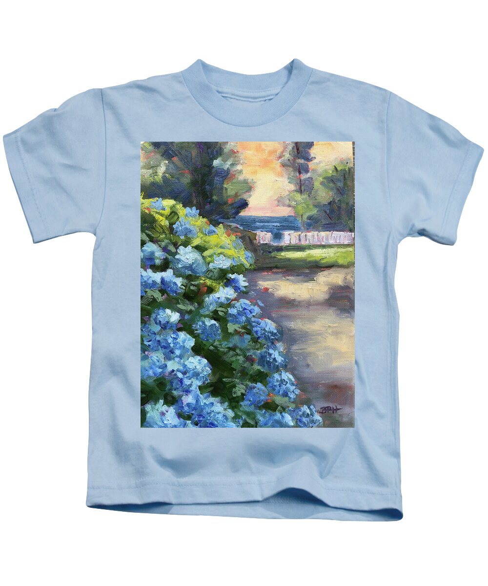 Blue Hydrangea Kids T-Shirt featuring the painting Hydrangea Sunrise by Barbara Hageman