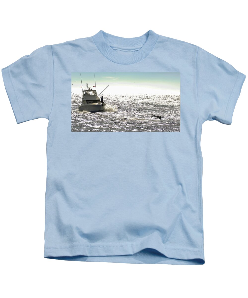 Marlin Kids T-Shirt featuring the photograph Jumping Marlin off bow by David Shuler