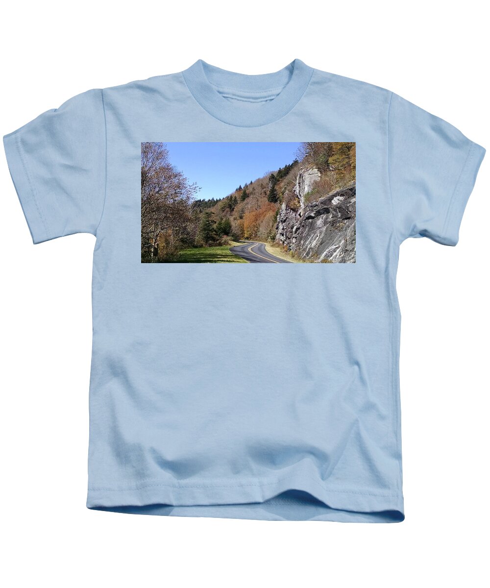 Blue Ridge Parkway Kids T-Shirt featuring the photograph Just Around the Bend by Allen Nice-Webb