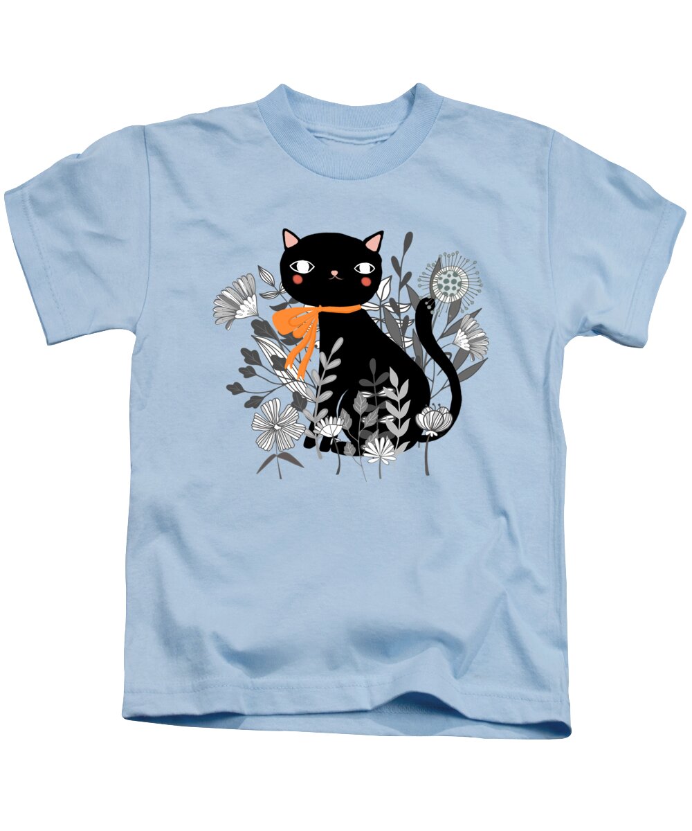 Cat Kids T-Shirt featuring the painting Kitty Kitty Sitting Pretty With Flowers All Around by Little Bunny Sunshine