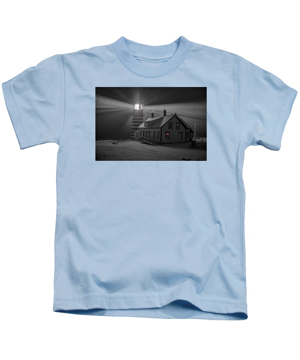 Late Night Snow Squall At West Quoddy Head Lighthouse Kids T-Shirt featuring the photograph Late Night Snow Squall at West Quoddy Head Lighthouse by Marty Saccone