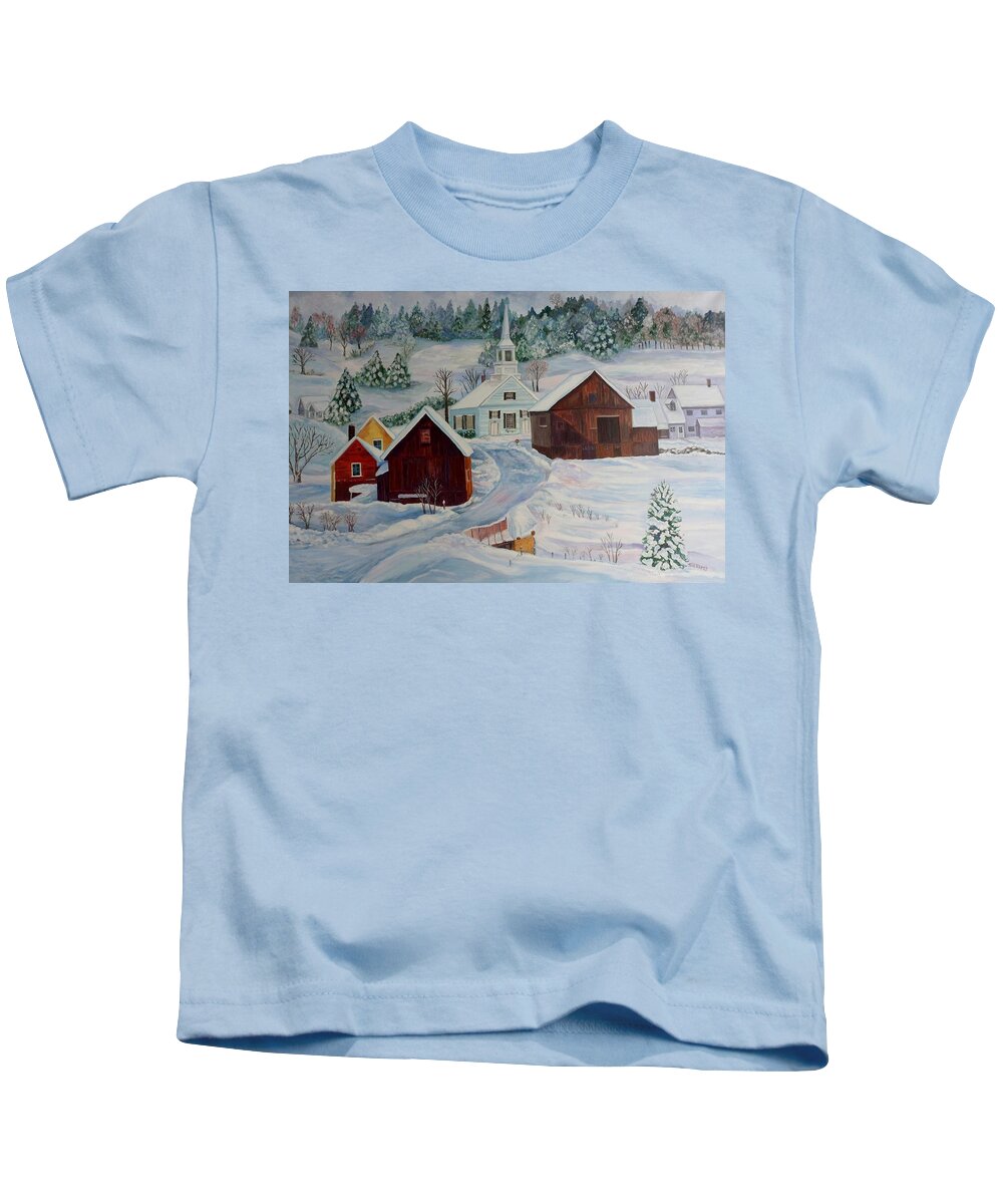 Snow Scene Kids T-Shirt featuring the painting Little Church in Waits River VT by Julie Brugh Riffey