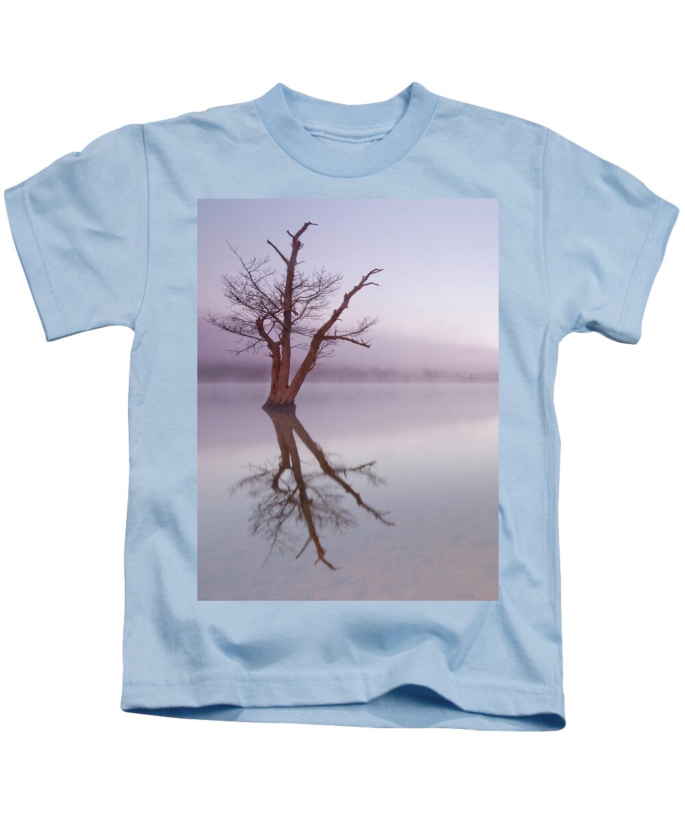 Landscape Kids T-Shirt featuring the photograph Lone tree in still lake in the mist at sunrise by Anita Nicholson