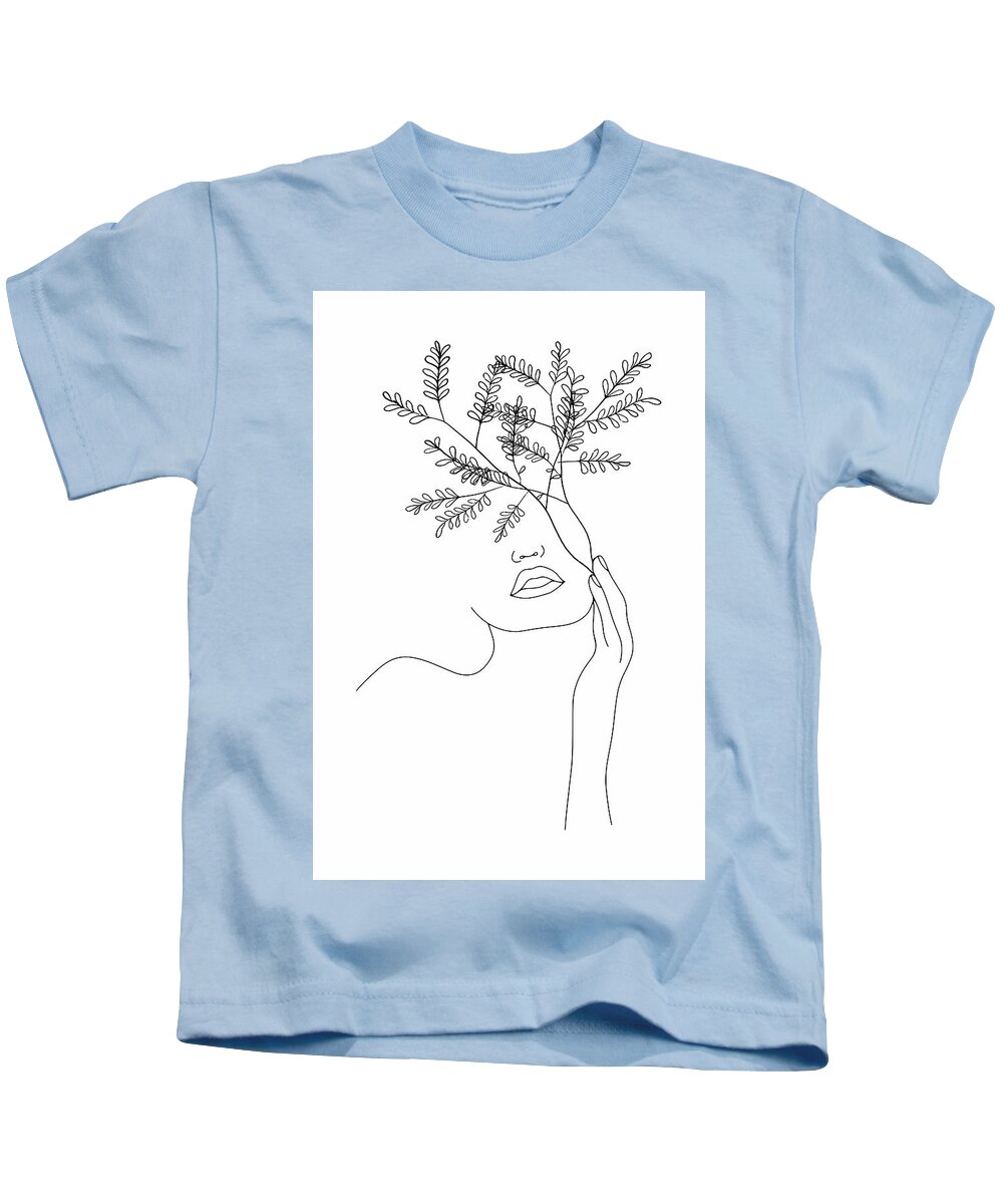 Abstract Kids T-Shirt featuring the drawing Minimal Line Art Woman With Leaves by Maria Heyens