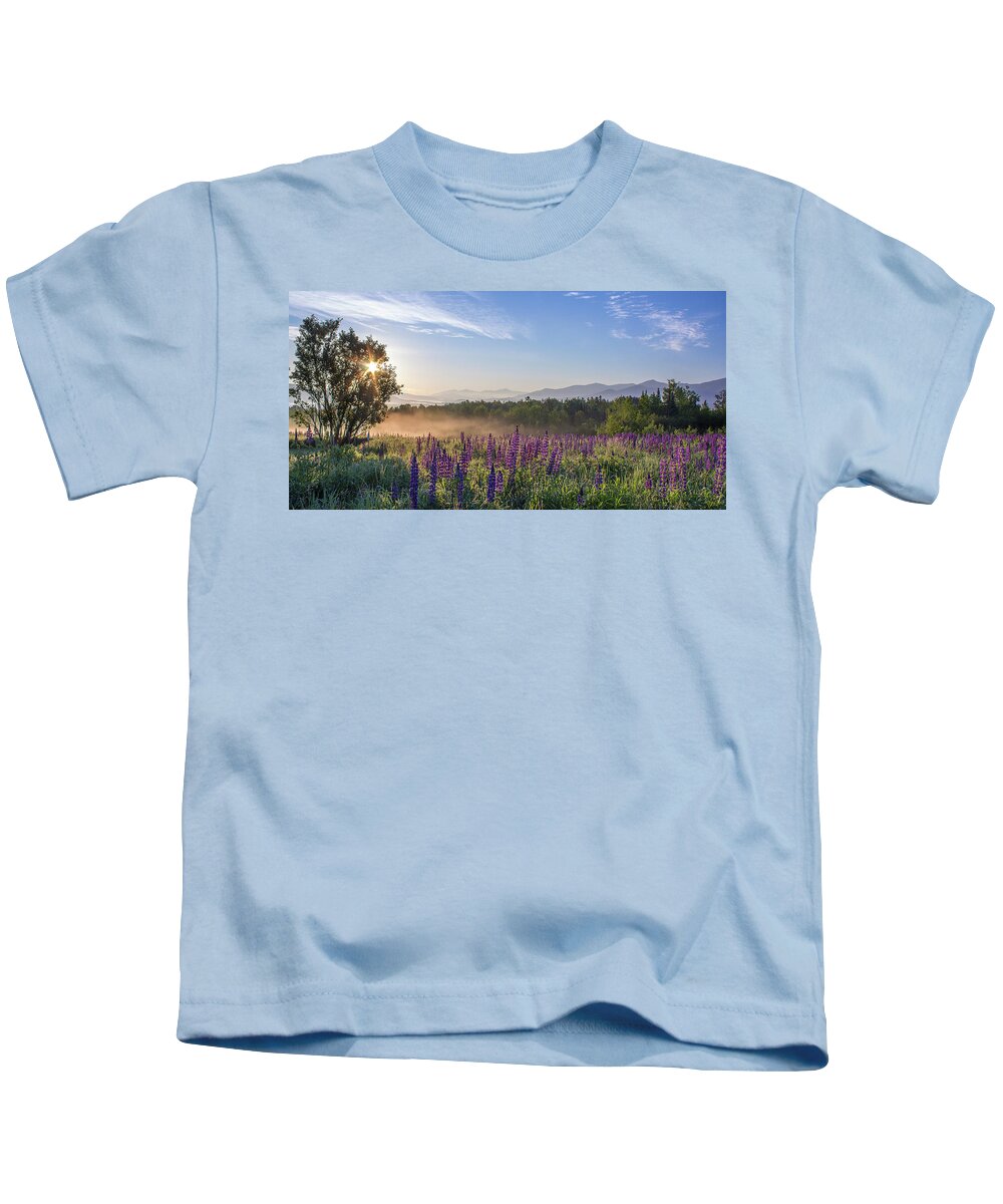 Misty Kids T-Shirt featuring the photograph Misty Lupine Sunburst by White Mountain Images