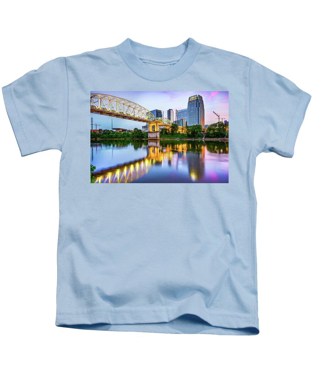 America Kids T-Shirt featuring the photograph Nashville Shelby Street Bridge Over Cumberland River at Dusk by Gregory Ballos