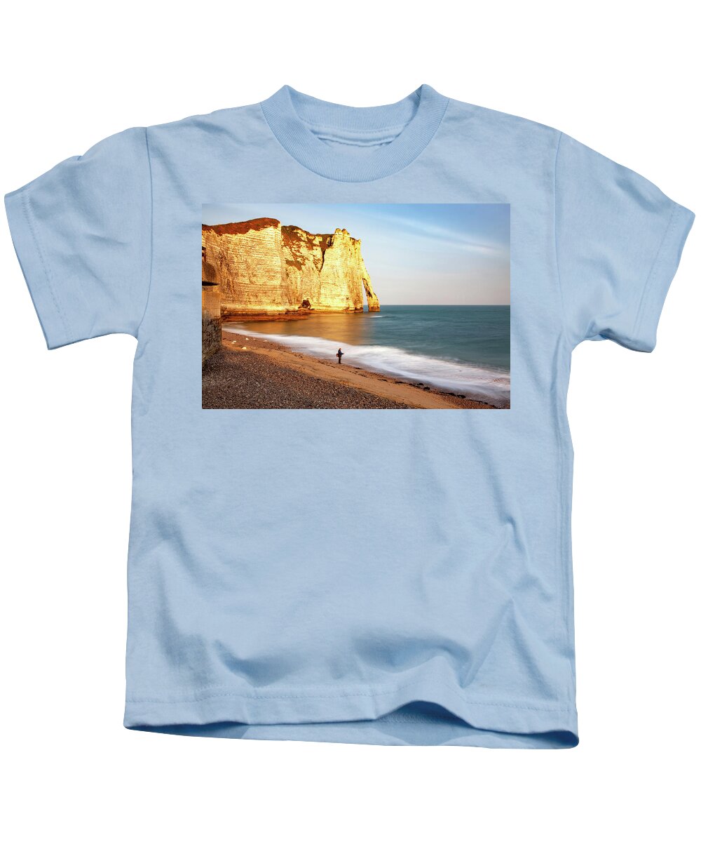 Normandy, Man Fishing On Beach Kids T-Shirt by Melis - Fine Art