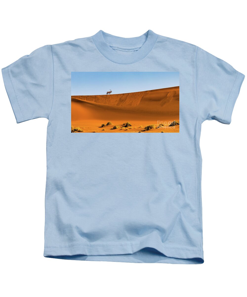Gemsbok Kids T-Shirt featuring the photograph Oryx on the dune, Namibia by Lyl Dil Creations