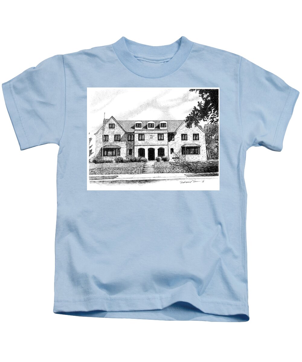 Purdue Kids T-Shirt featuring the drawing Pi Kappa Phi Fraternity House, Purdue University, West Lafayette, Indiana by Stephanie Huber
