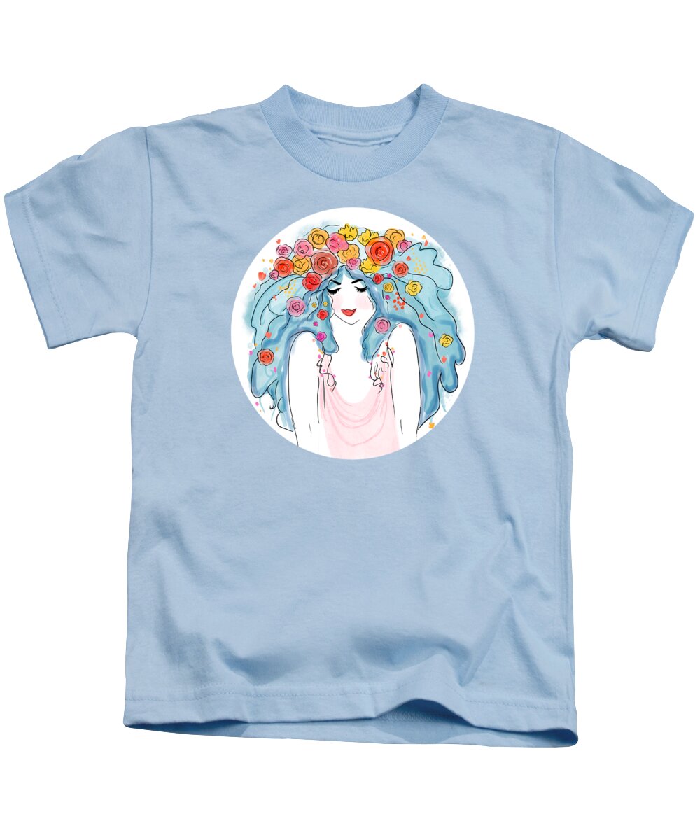 Woman Kids T-Shirt featuring the painting She Threw Away All Her Masks And Put On Her Soul by Little Bunny Sunshine