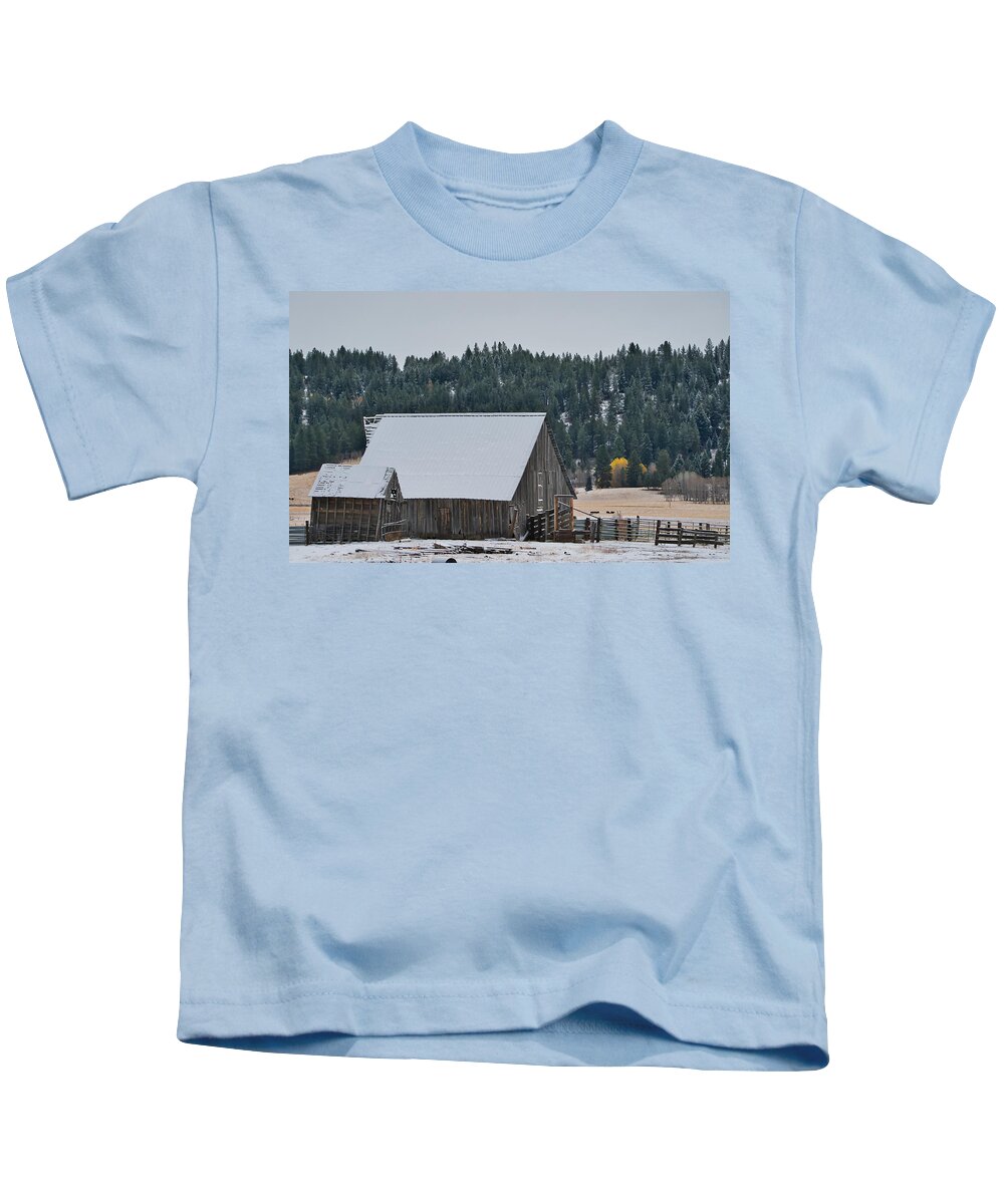 Barn Kids T-Shirt featuring the photograph Snowy Barn Yellow Tree by Tom Gresham