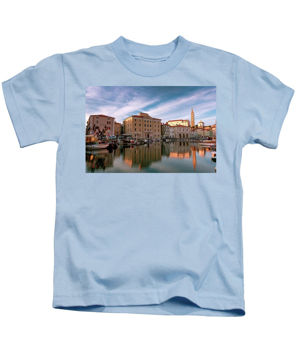 Europe Kids T-Shirt featuring the photograph Sunset in Piran by Elias Pentikis