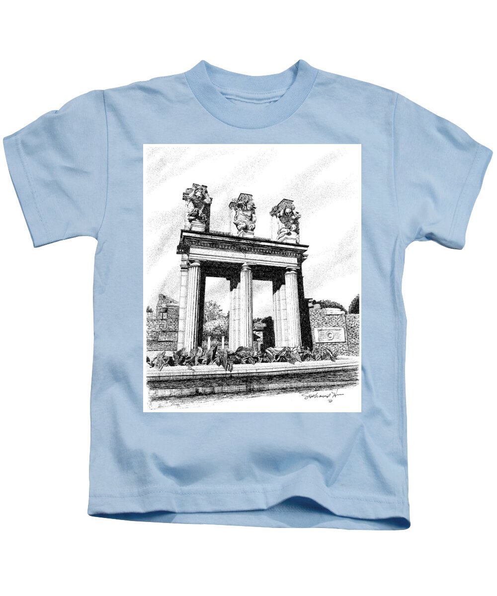 Ruins At Holliday Park Kids T-Shirt featuring the drawing The Ruins at Holliday Park, Indianapolis, Indiana by Stephanie Huber