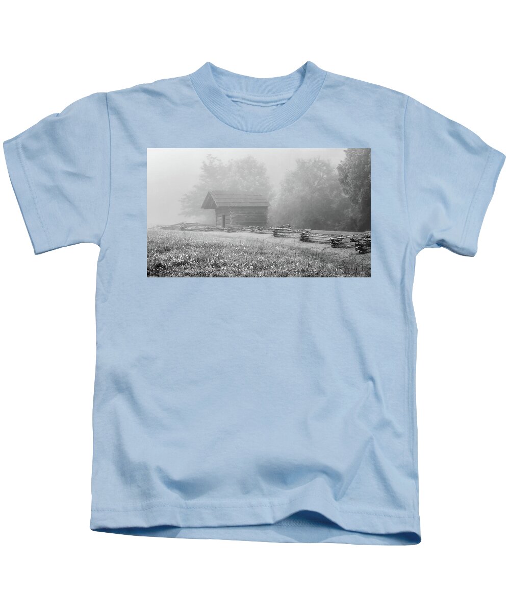 Cades Cove Kids T-Shirt featuring the photograph The Woodshed on a Foggy Morning, Black and White by Marcy Wielfaert