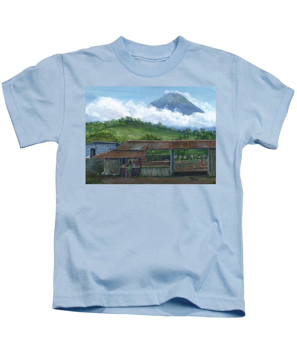 Guatemala Kids T-Shirt featuring the painting Volcano Agua, Guatemala, with Fruit Stand by Lenora De Lude
