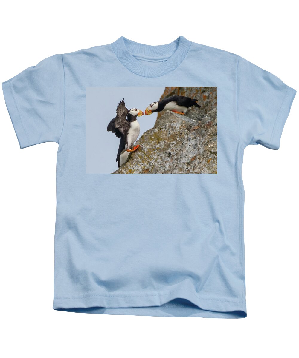 Fratercula Corniculata Kids T-Shirt featuring the photograph Welcome home by Mark Hunter