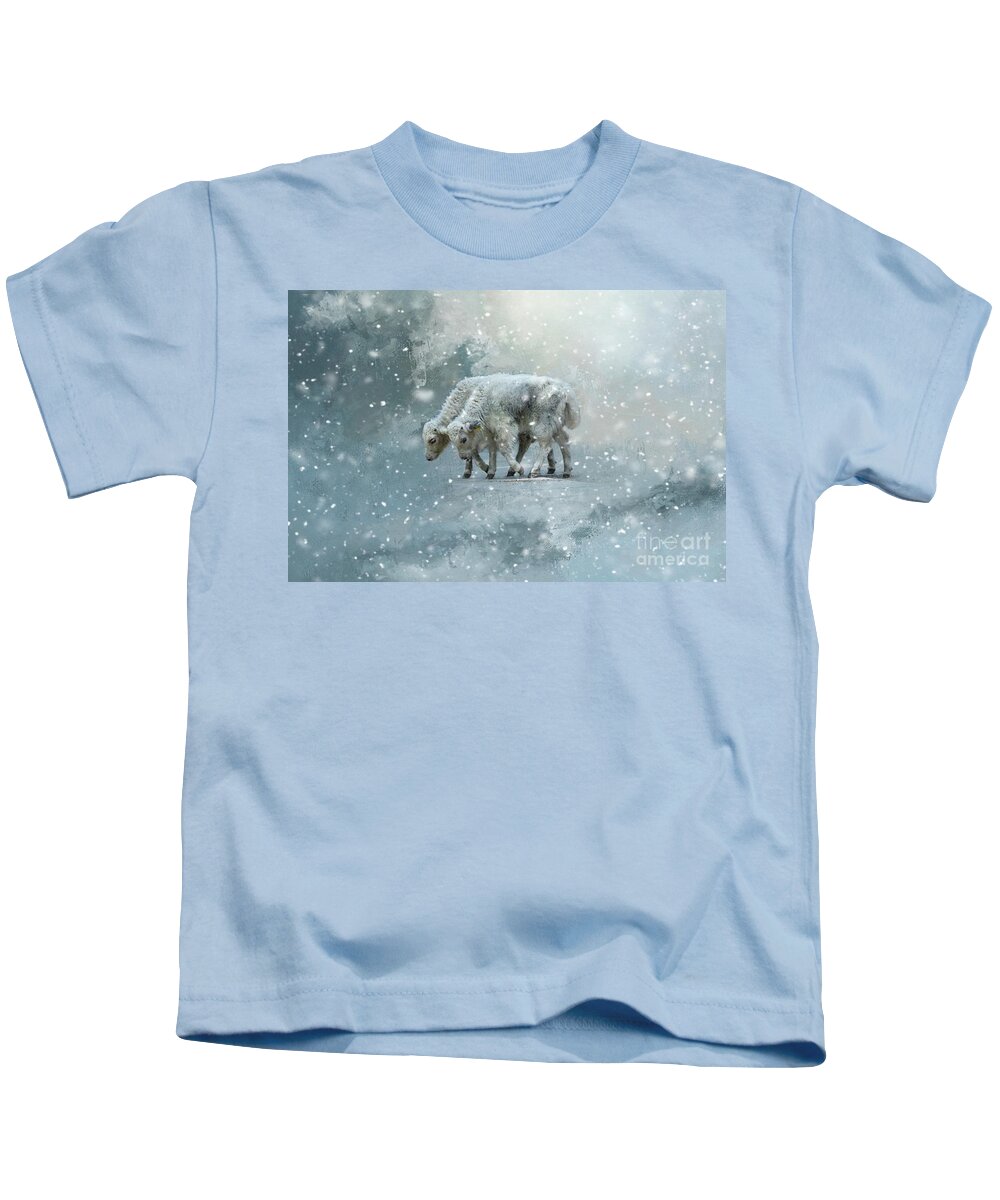 Yaks Kids T-Shirt featuring the mixed media Yaks Calves in a Snowstorm by Eva Lechner