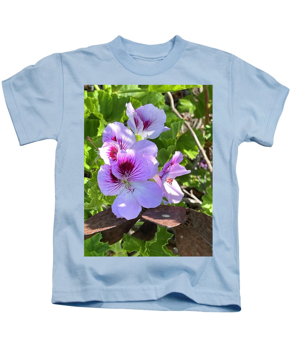 Purple Flowers Macro Kids T-Shirt featuring the digital art Purple flowers macro #1 by Kathleen Boyles