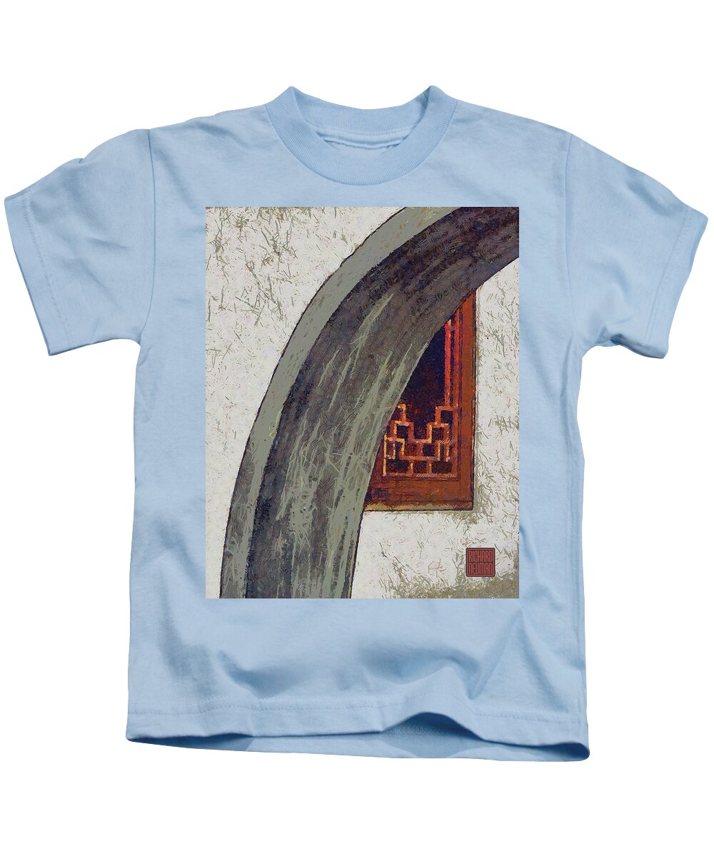 Abstract Kids T-Shirt featuring the mixed media 274 Architectural Abstract Art, Wood Window Arch Guiyuan Buddhist Temple, Wuhan, China by Richard Neuman Architectural Gifts