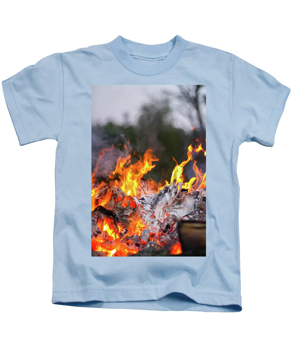 Bonfire Kids T-Shirt featuring the photograph Bonfire at a camp in summer evening outdoors #5 by Olga Strogonova
