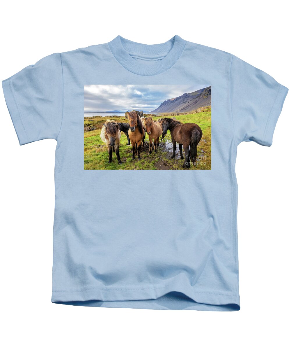 Horse Kids T-Shirt featuring the photograph A group of Icelandic horses in a rural setting with sea and moun by Jane Rix