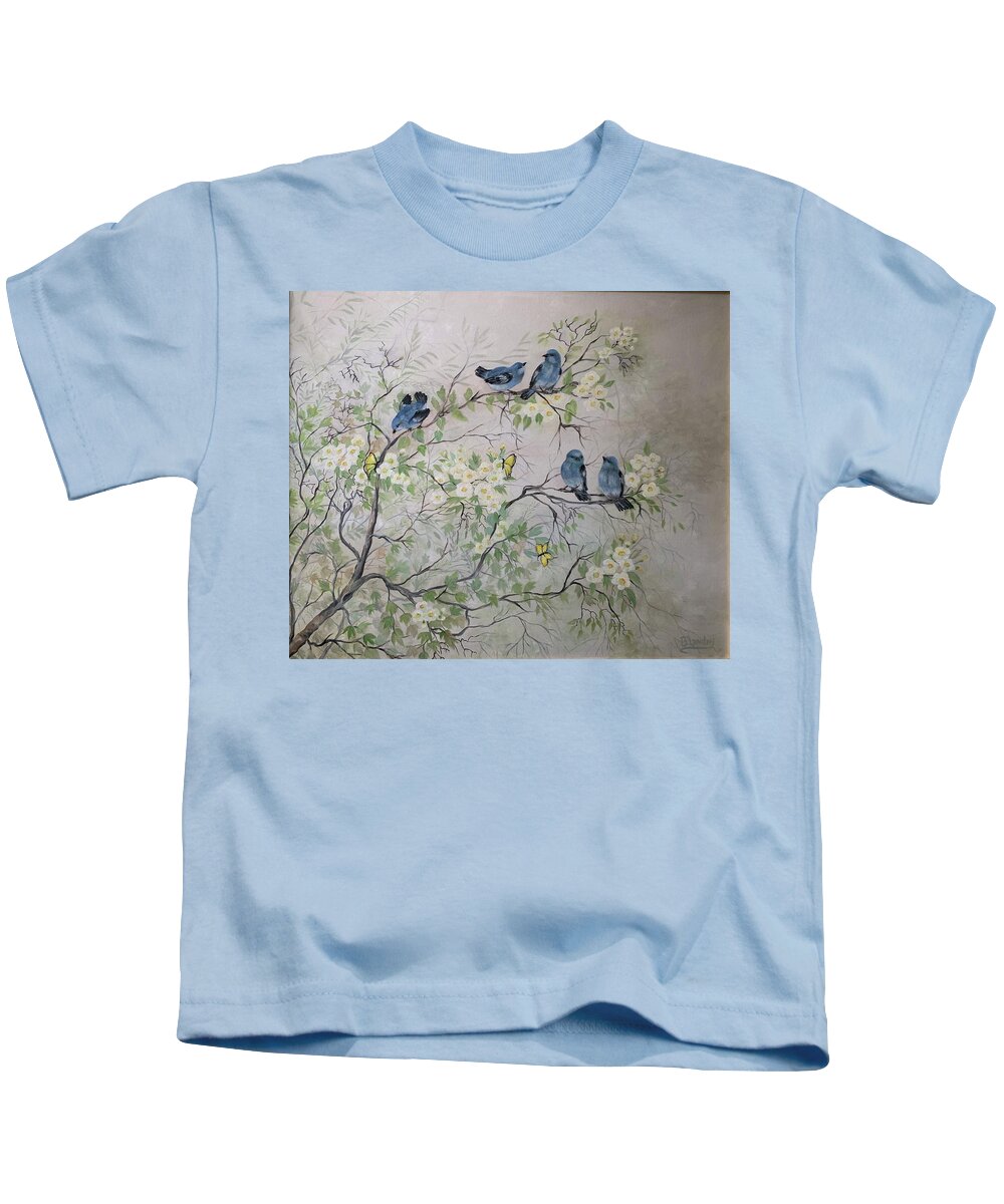 Birds Kids T-Shirt featuring the painting Among the Blooms by Barbara Landry