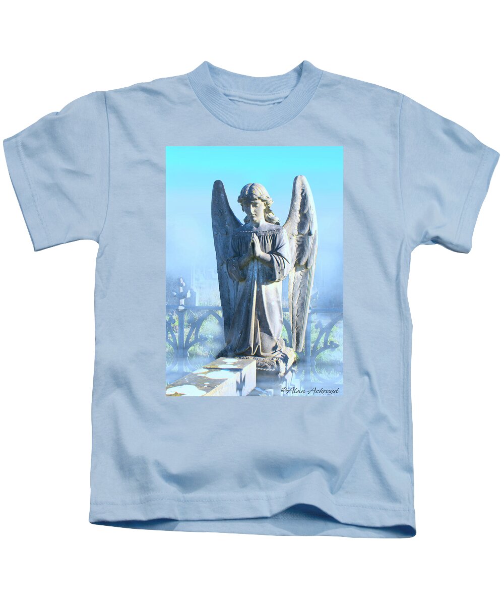 Angel Kids T-Shirt featuring the pyrography Angel Statue in the Mist by Alan Ackroyd
