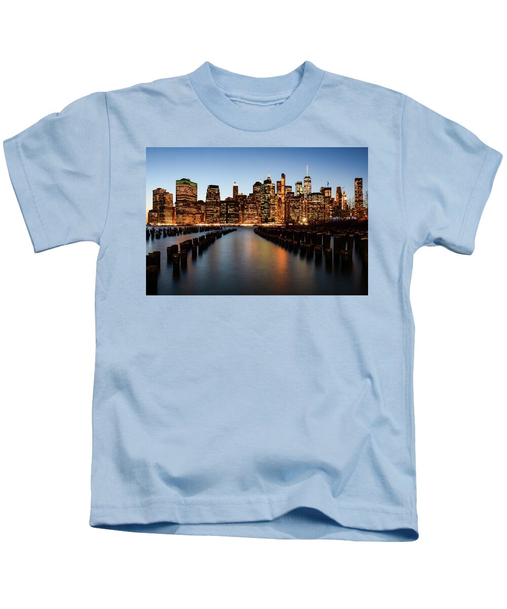 New York Kids T-Shirt featuring the photograph Apple Empire - Lower Manhattan Skyline. New York City by Earth And Spirit