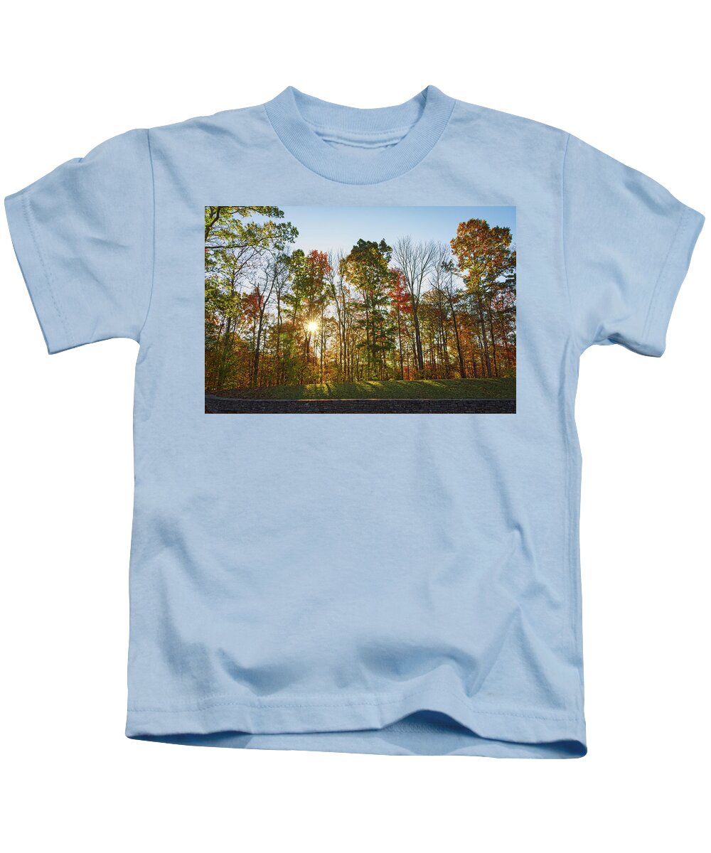 Trees Kids T-Shirt featuring the photograph Autumn Colors at Sunrise - Natchez Trace by Debra Martz