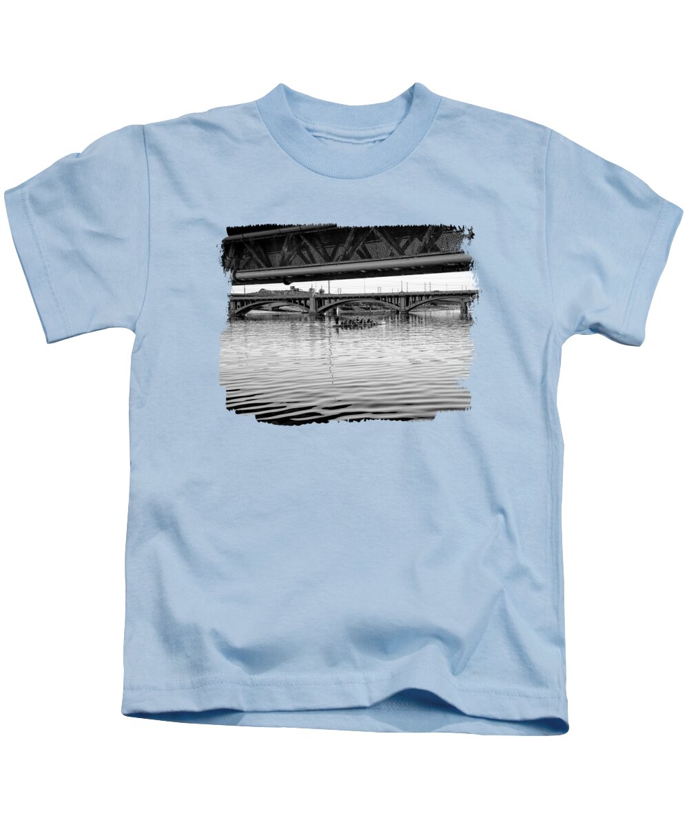 Below Kids T-Shirt featuring the photograph Below Two Bridges BW by Elisabeth Lucas