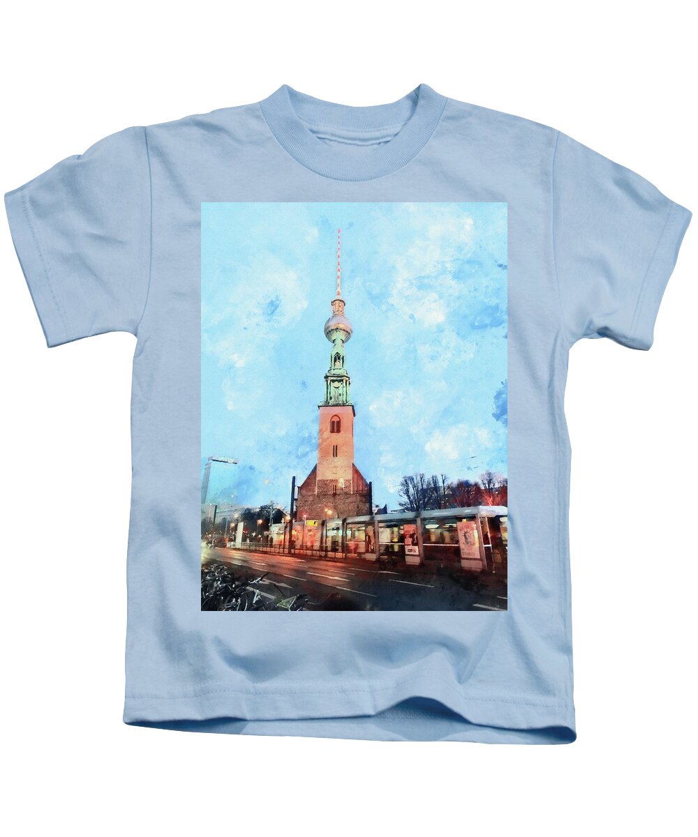 Berlin Kids T-Shirt featuring the painting Berlin. St. Mary's Church and TV Tower. by Alex Mir