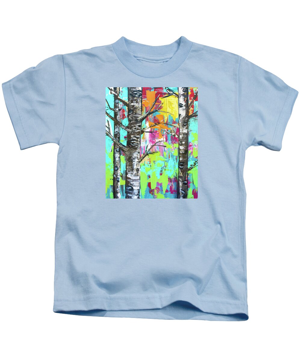 Birch Kids T-Shirt featuring the painting Birch Wood Trees at Sunset in the Forest by Joanne Herrmann