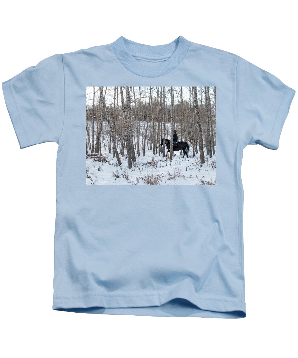 Horse Kids T-Shirt featuring the photograph Black Horse In Winter Woods by Karen Rispin
