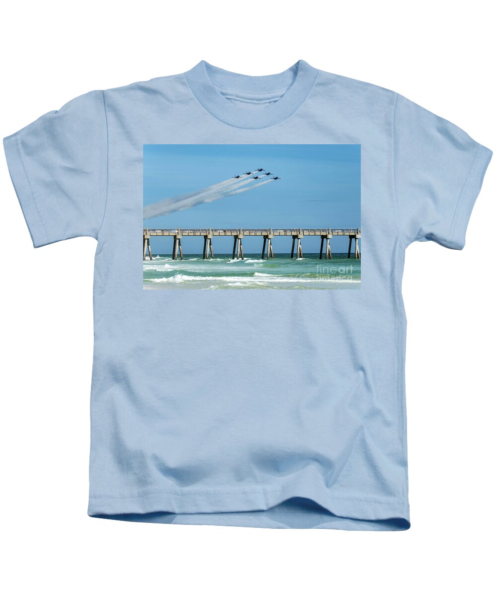 Blue Angels Kids T-Shirt featuring the photograph Blue Angels Over Pensacola Beach Fishing Pier by Beachtown Views