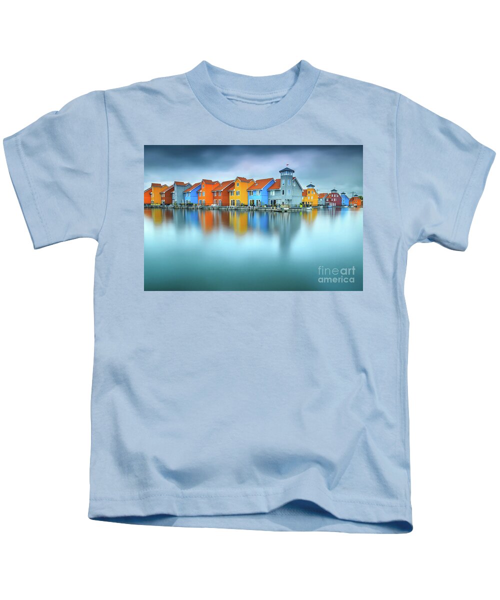 Sea Kids T-Shirt featuring the photograph Blue Morning at Waters Edge Groningen Netherlands Europe Coastal Landscape Photograph by PIPA Fine Art - Simply Solid
