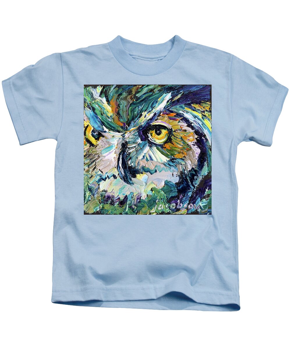 Owl Kids T-Shirt featuring the painting Blue Owl by Carrie Jacobson