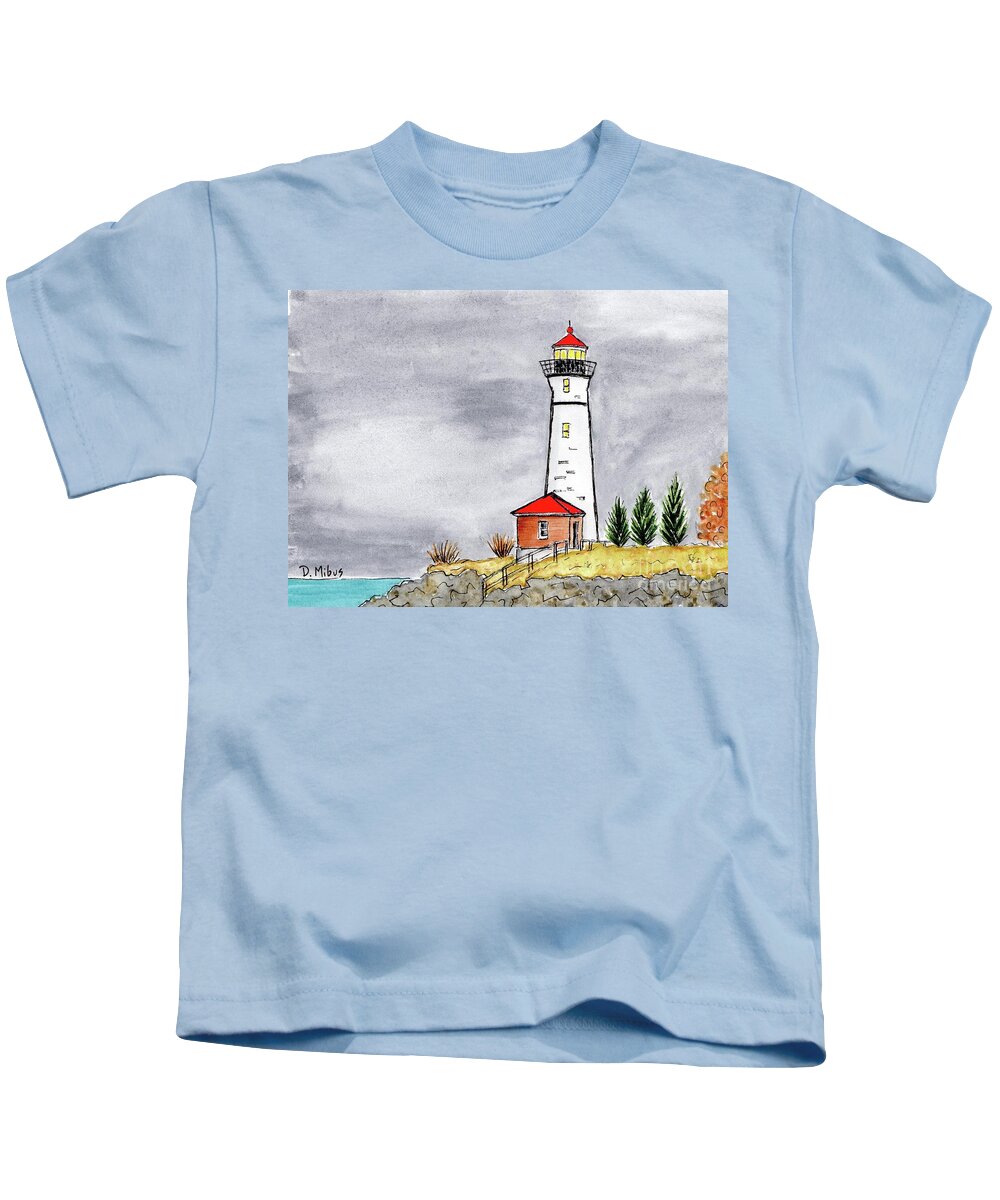 Maine Lighthouse Kids T-Shirt featuring the painting Brave Red Top Maine Lighthouse by Donna Mibus
