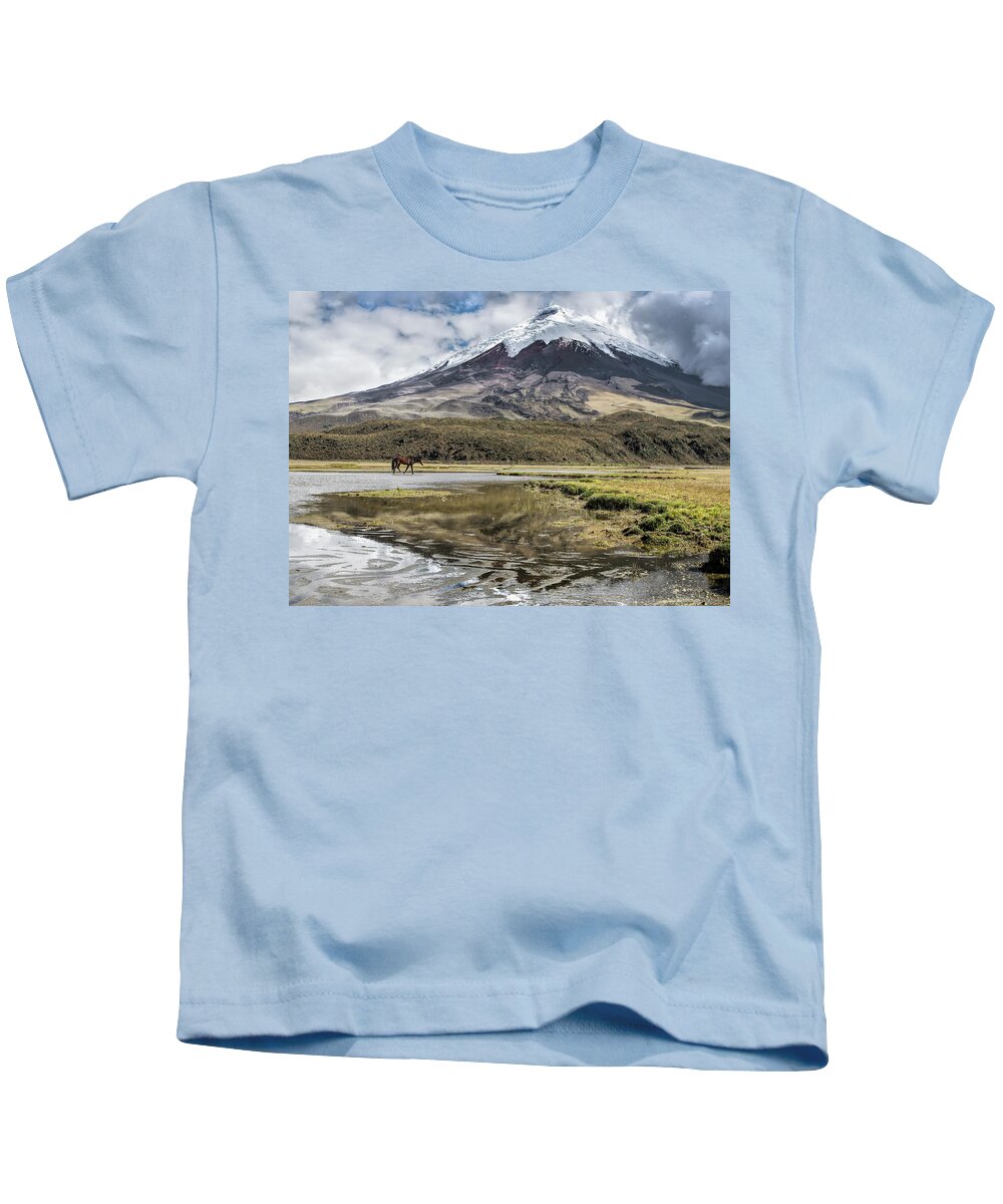 Andes Kids T-Shirt featuring the photograph Cotopaxi Peak reflected in Limpiopungo lake by Henri Leduc