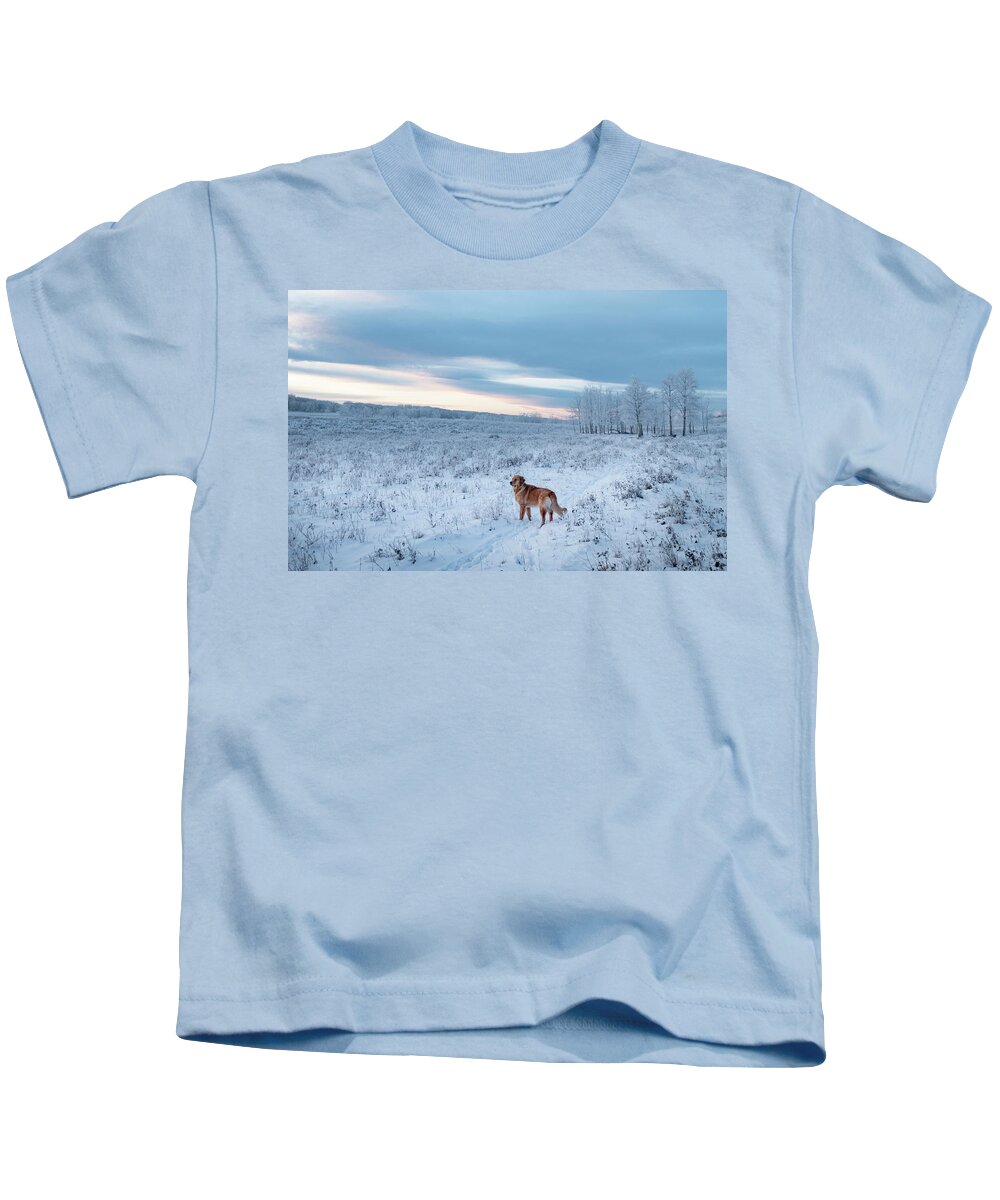 Dog Kids T-Shirt featuring the photograph Dog in an Alberta winter pasture by Karen Rispin